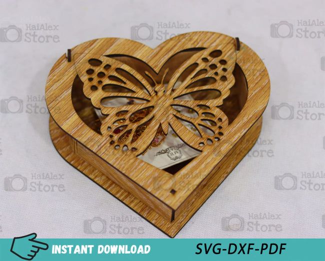 Butterfly Heart Shaped Wooden Box MDF 3mm Laser Cut Files