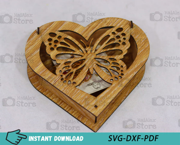 Butterfly Heart Shaped Wooden Box MDF 3mm Laser Cut Files