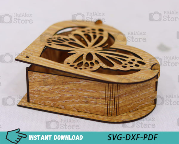 Butterfly Heart Shaped Wooden Box MDF 3mm Laser Cut Files