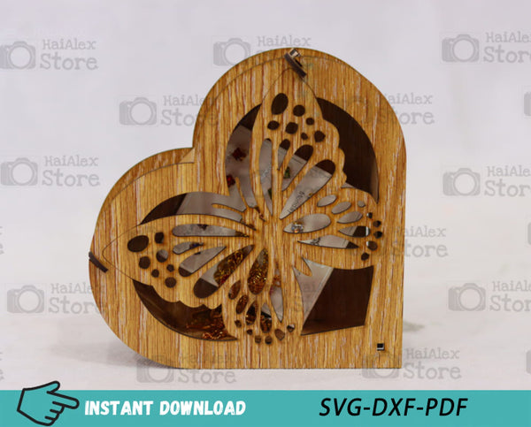 Butterfly Heart Shaped Wooden Box MDF 3mm Laser Cut Files
