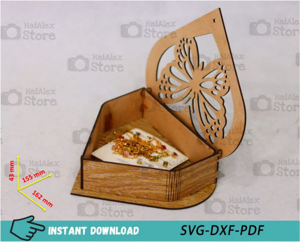 Butterfly Heart Shaped Wooden Box MDF 3mm Laser Cut Files