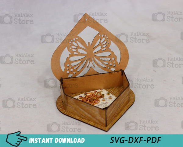 Butterfly Heart Shaped Wooden Box MDF 3mm Laser Cut Files