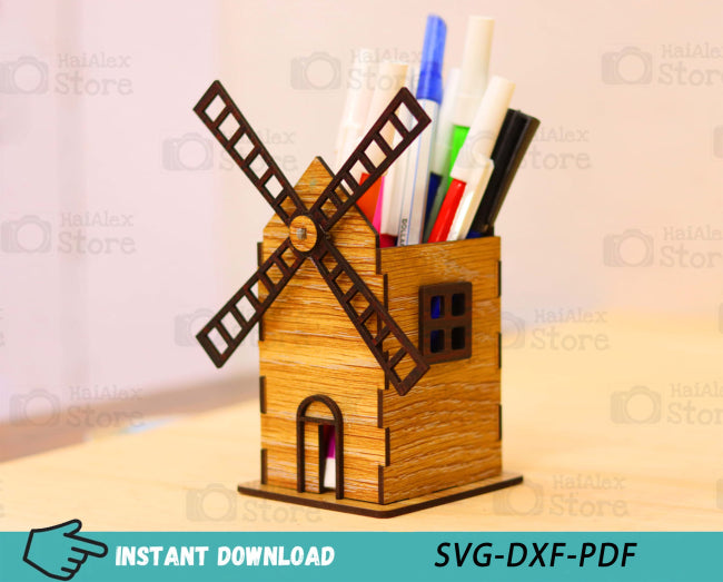 Windmill Pen Pencil Holder Plywood 3mm Laser Cut Files