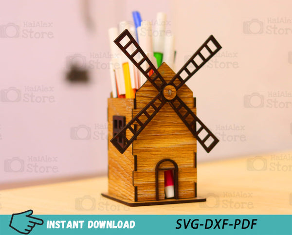 Windmill Pen Pencil Holder Plywood 3mm Laser Cut Files