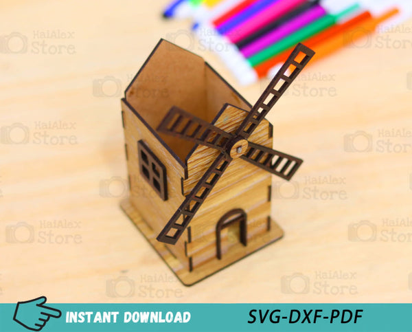 Windmill Pen Pencil Holder Plywood 3mm Laser Cut Files