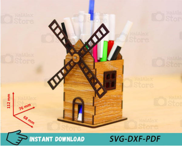Windmill Pen Pencil Holder Plywood 3mm Laser Cut Files