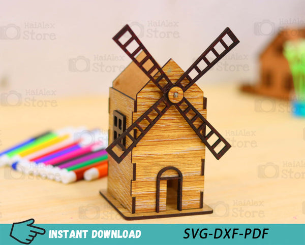 Windmill Pen Pencil Holder Plywood 3mm Laser Cut Files