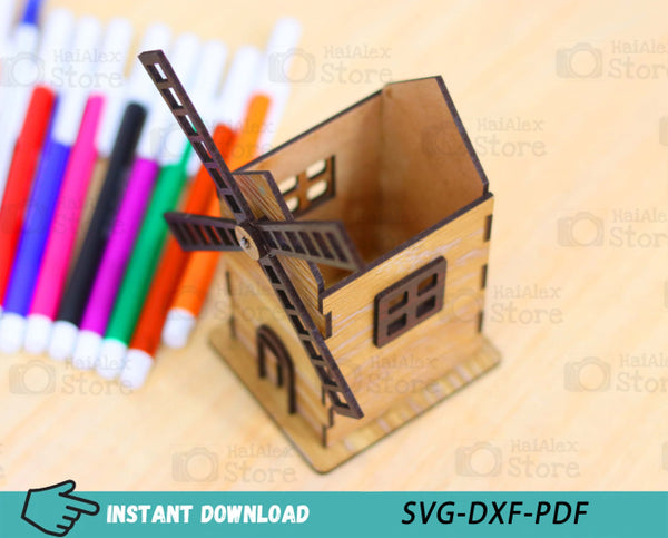 Windmill Pen Pencil Holder Plywood 3mm Laser Cut Files