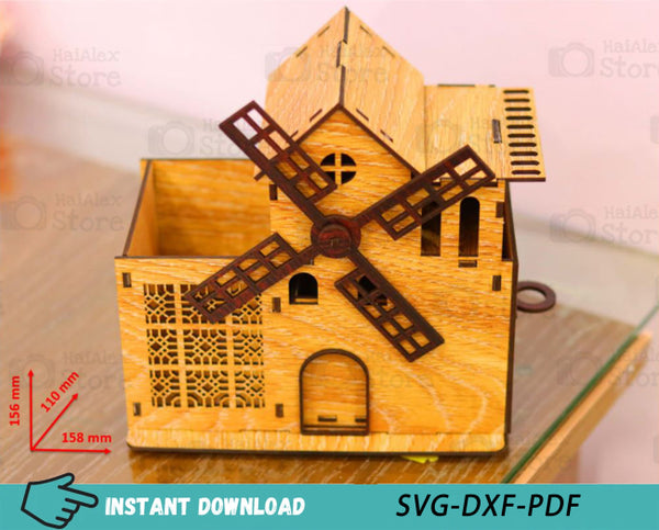 Windmill Shaped Desk Organizer with Drawer Laser Cut Files