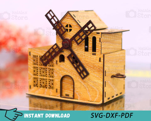 Windmill Shaped Desk Organizer with Drawer Laser Cut Files