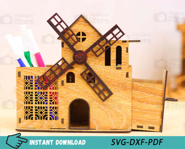 Windmill Shaped Desk Organizer with Drawer Laser Cut Files