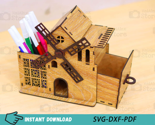 Windmill Shaped Desk Organizer with Drawer Laser Cut Files
