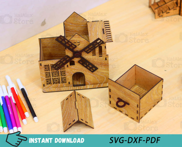 Windmill Shaped Desk Organizer with Drawer Laser Cut Files