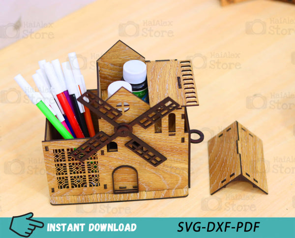 Windmill Shaped Desk Organizer with Drawer Laser Cut Files