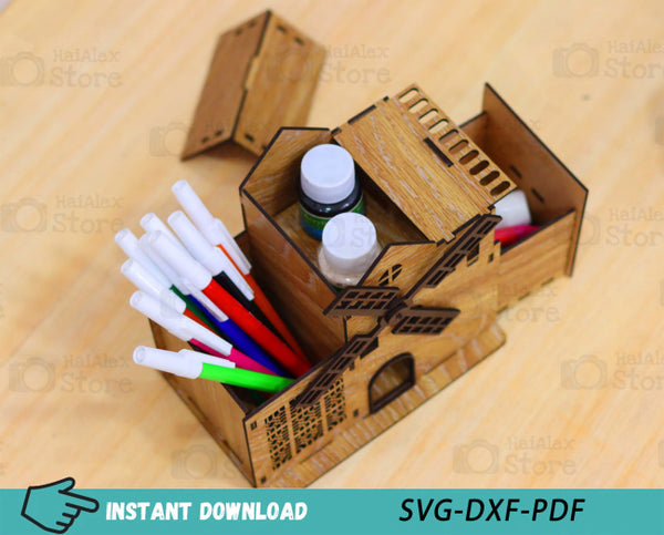 Windmill Shaped Desk Organizer with Drawer Laser Cut Files