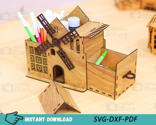 Windmill Shaped Desk Organizer with Drawer Laser Cut Files