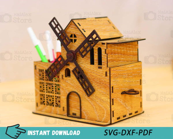Windmill Shaped Desk Organizer with Drawer Laser Cut Files