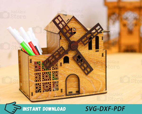 Windmill Shaped Desk Organizer with Drawer Laser Cut Files