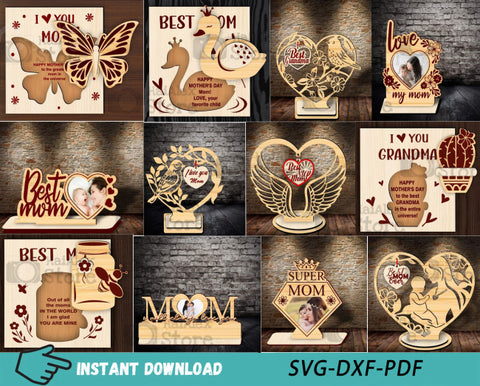 12 Designs Wooden Mothers Day Stand MDF 6mm Laser Cut Files