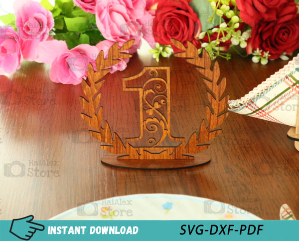 Wooden Number on Wreath Floral MDF 3mm Laser Cut Files